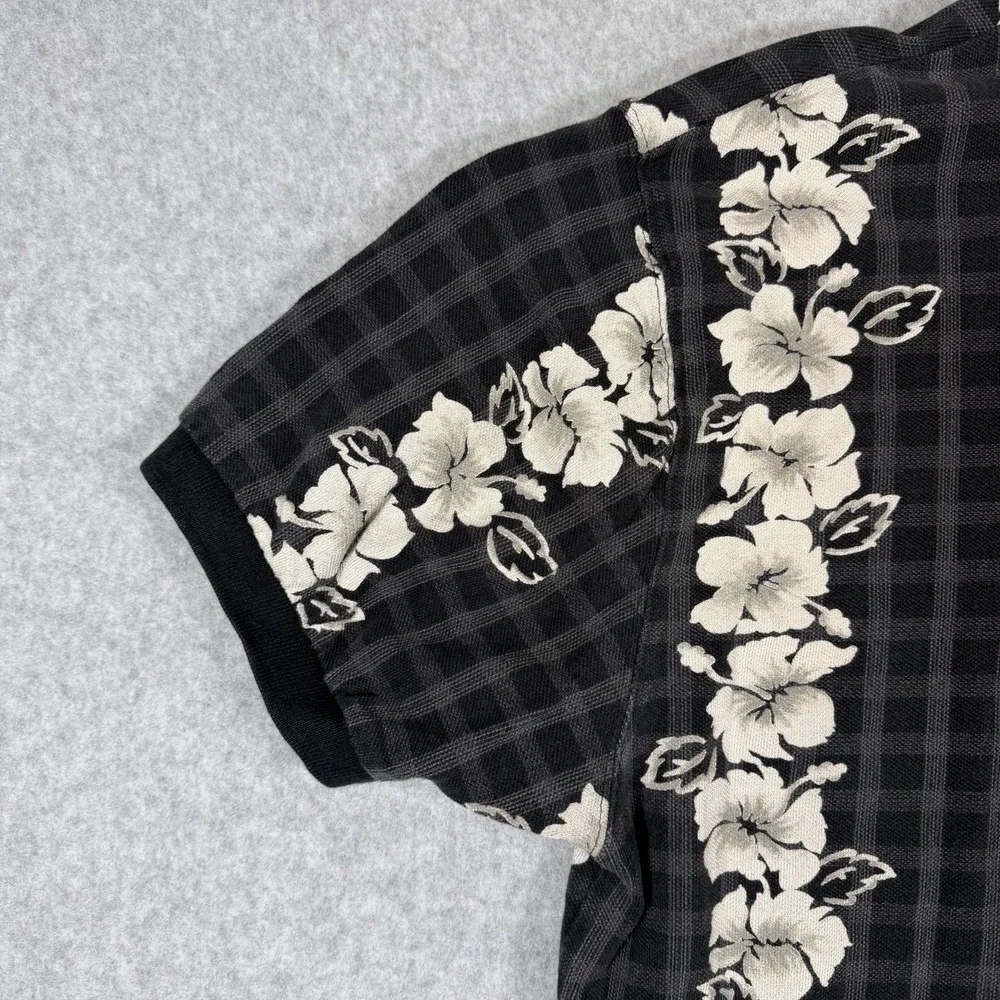 Vintage 90s Chaps Ralph Lauren Polo Shirt Black White Floral Stripes Aloha Retro